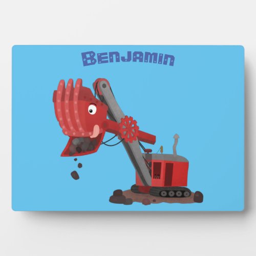 Cute red steam shovel digger cartoon illustration plaque