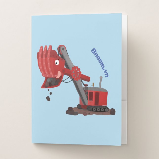 Cute red steam shovel digger cartoon illustration pocket folder (Front)