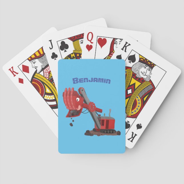 Cute red steam shovel digger cartoon illustration poker cards (Back)