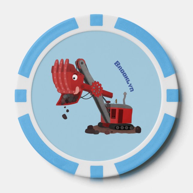 Cute red steam shovel digger cartoon illustration poker chips (Front)