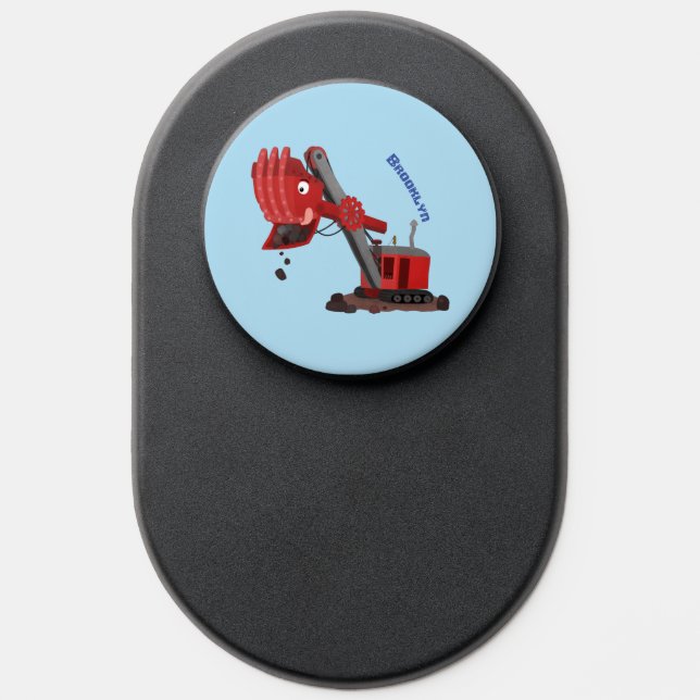 Cute red steam shovel digger cartoon illustration PopSocket (Popsocket)