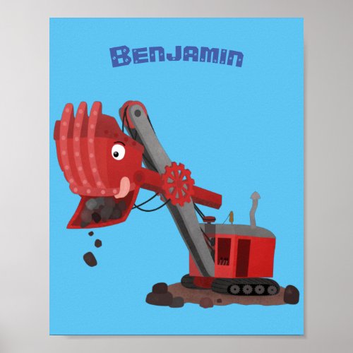 Cute red steam shovel digger cartoon illustration poster