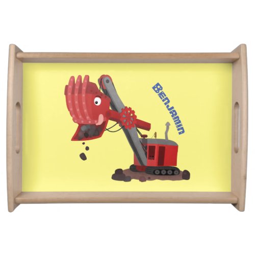 Cute red steam shovel digger cartoon illustration serving tray