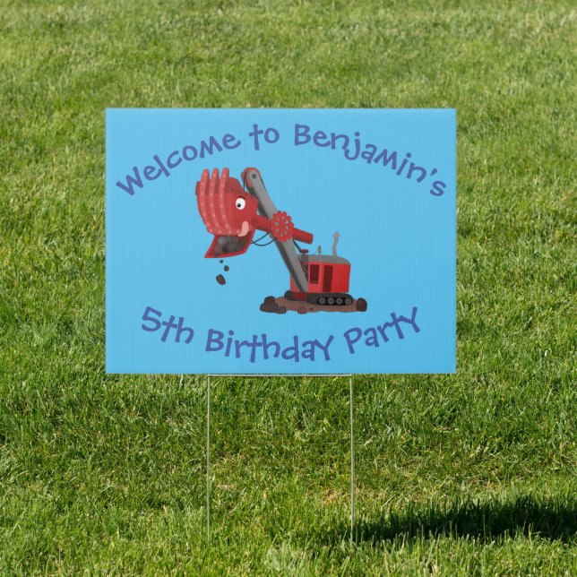 Cute red steam shovel digger cartoon illustration sign (Insitu)
