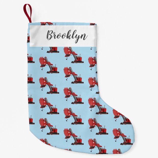 Cute red steam shovel digger cartoon illustration small christmas stocking (Front)