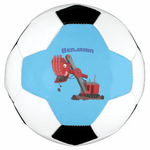 Cute red steam shovel digger cartoon illustration soccer ball