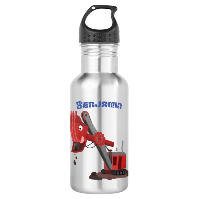 Cute red steam shovel digger cartoon illustration stainless steel water bottle (Front)