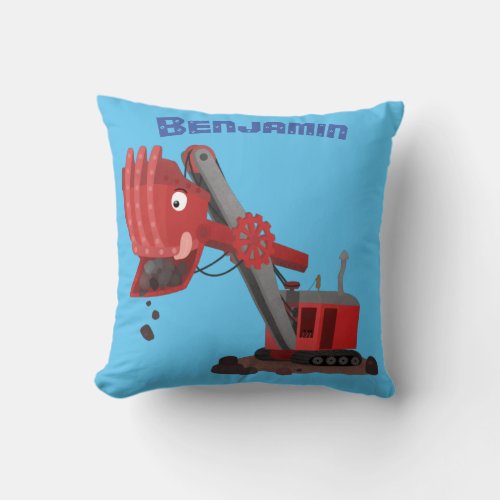 Cute red steam shovel digger cartoon illustration throw pillow
