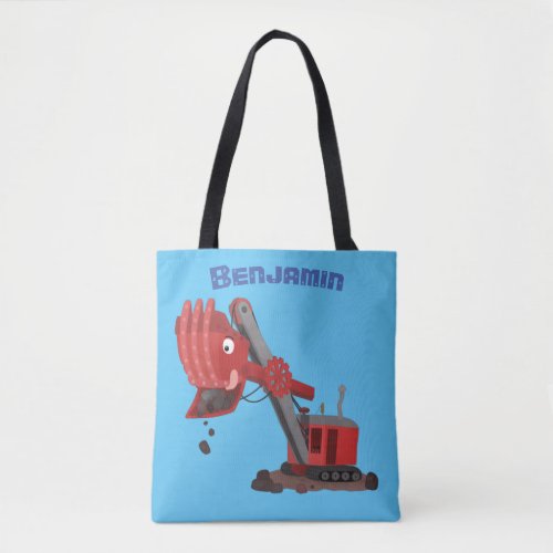 Cute red steam shovel digger cartoon illustration tote bag