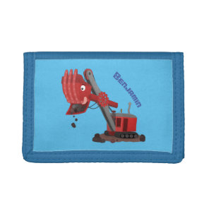 Cute red steam shovel digger cartoon illustration tri-fold wallet