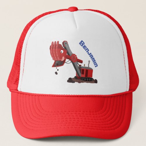 Cute red steam shovel digger cartoon illustration trucker hat