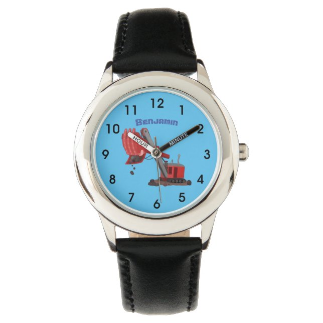 Cute red steam shovel digger cartoon illustration watch (Front)