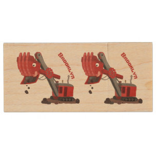 Cute red steam shovel digger cartoon illustration wood flash drive