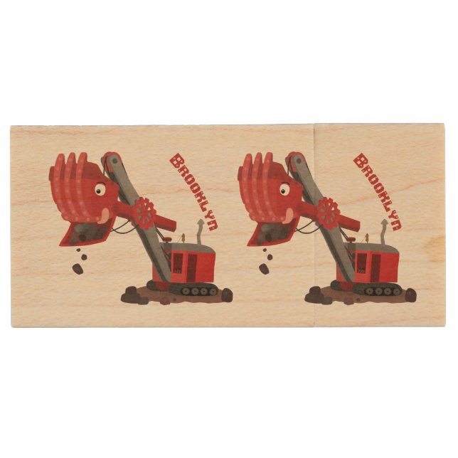 Cute red steam shovel digger cartoon illustration wood flash drive (Front)