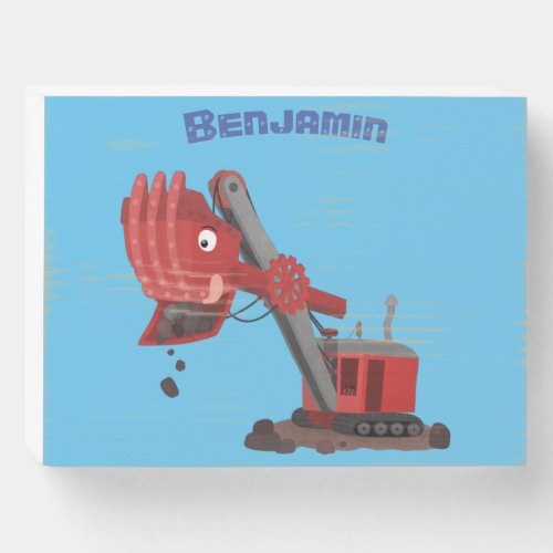 Cute red steam shovel digger cartoon illustration wooden box sign