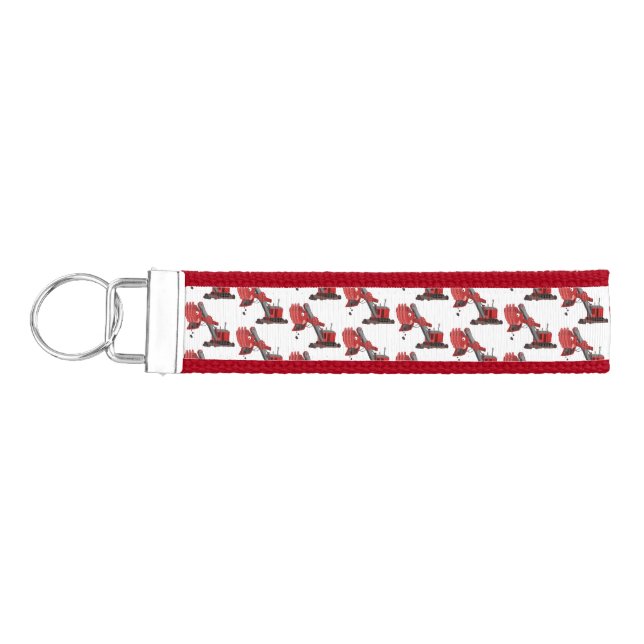 Cute red steam shovel digger cartoon illustration wrist keychain (Keys on Left)