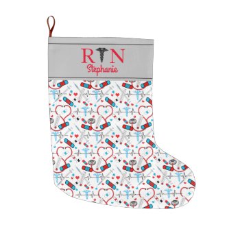 Cute Red Stethoscope Nurse | Doctor Ekg Pattern   Large Christmas Stocking by hhbusiness at Zazzle
