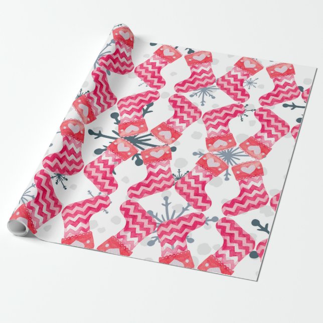Cute Red Stockings Snowflakes Wrapping Paper (Unrolled)