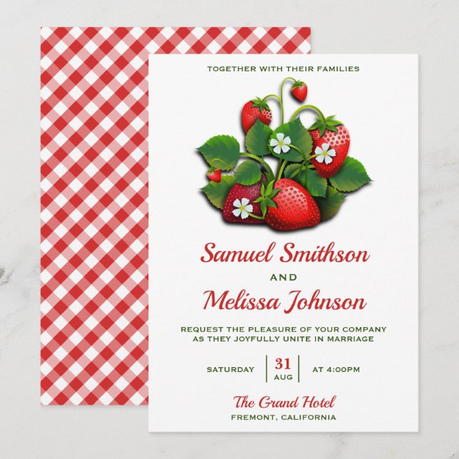 Cute Red Strawberries Bouquet Wedding Invitation (Front/Back)