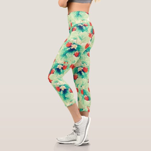 Cute Red Strawberries  Foliage Watercolor Paint Capri Leggings