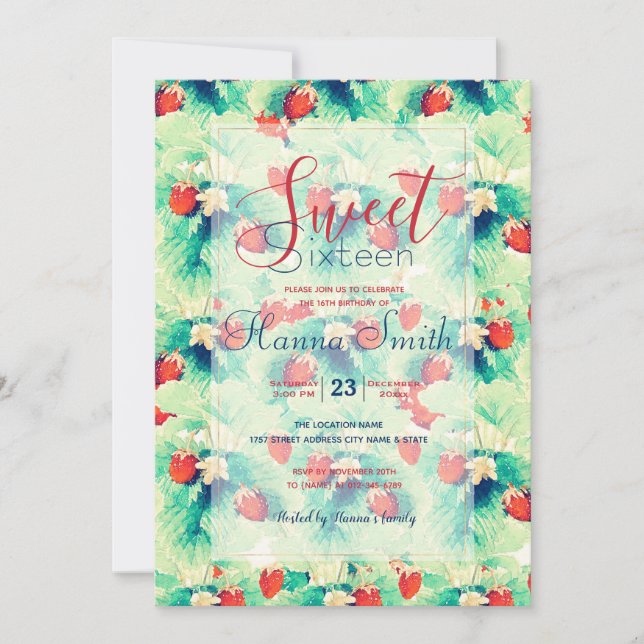 Cute Red Strawberries & Foliage Watercolor Paint Invitation (Front)