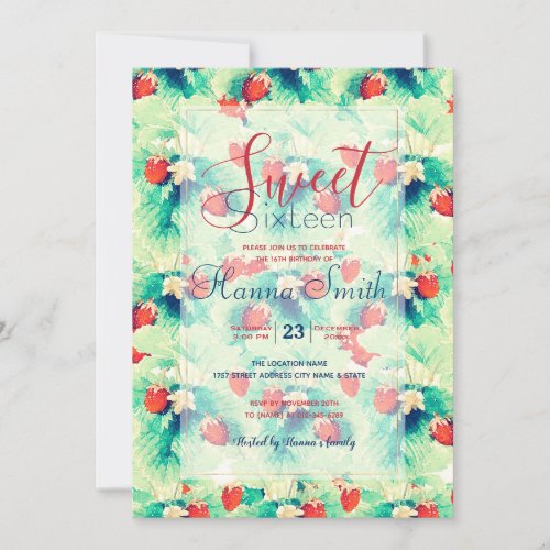 Cute Red Strawberries  Foliage Watercolor Paint Invitation