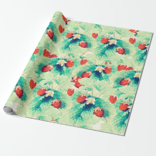 Cute Red Strawberries & Foliage Watercolor Paint Wrapping Paper
