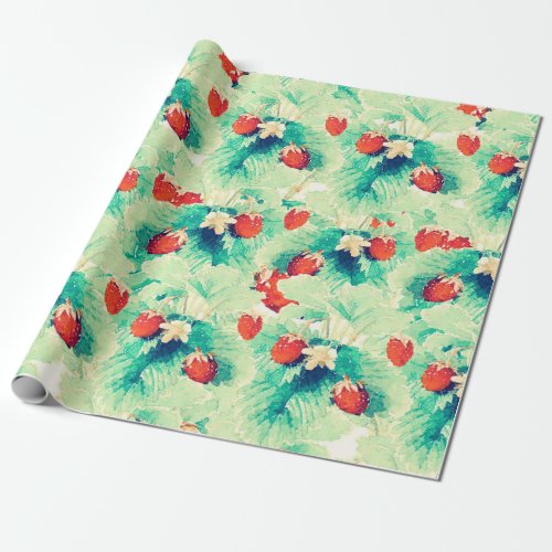 Cute Red Strawberries  Foliage Watercolor Paint Wrapping Paper