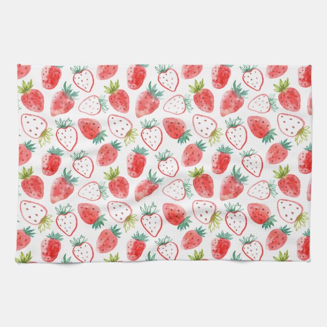 Cute Red Strawberries Green Leaves Kitchen Towel (Horizontal)