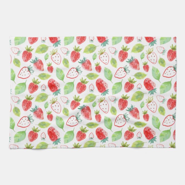 Cute Red Strawberries Green Leaves Outlines Kitchen Towel (Horizontal)