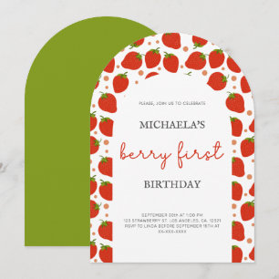 Cute Red Strawberry Berry First Birthday Invitation