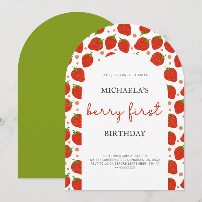 Cute Red Strawberry Berry First Birthday Invitation (Front/Back)