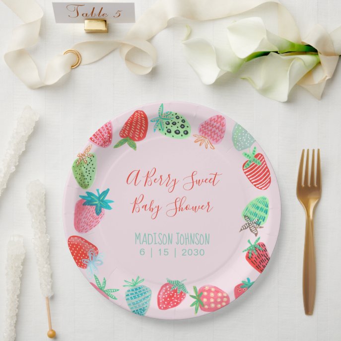 Cute Red Strawberry berry sweet Baby Shower Square Paper Plates