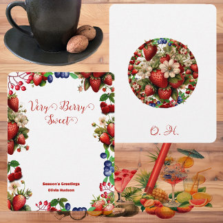 Cute Red Strawberry Blue Berry Sweet Modern Script Note Card