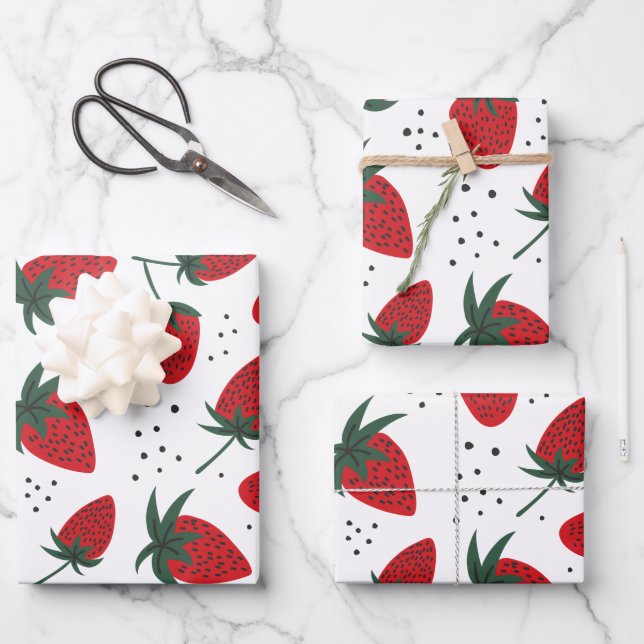 Cute Red Strawberry Fruit Pattern Wrapping Paper Sheets (Front)