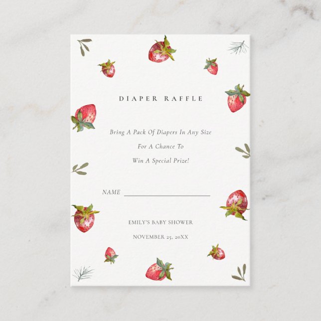 Cute Red Strawberry Leaf Diaper Raffle Baby Shower Enclosure Card (Front)