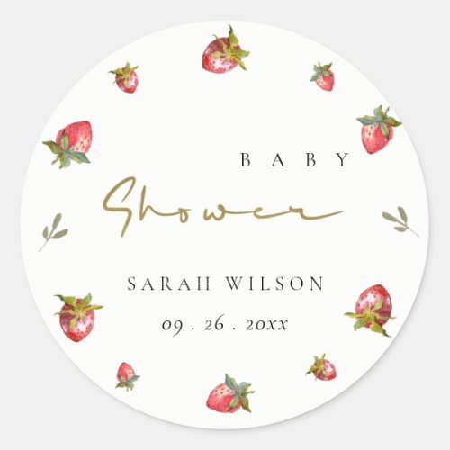 Cute Red Strawberry Leafy Botanical Baby Shower Classic Round Sticker