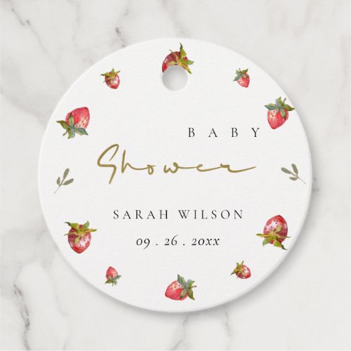 Cute Red Strawberry Leafy Botanical Baby Shower Favor Tags