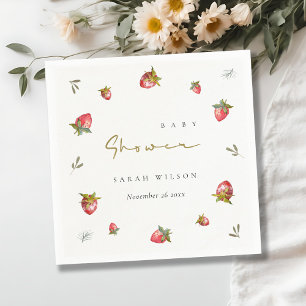 Cute Red Strawberry Leafy Botanical Baby Shower Napkins