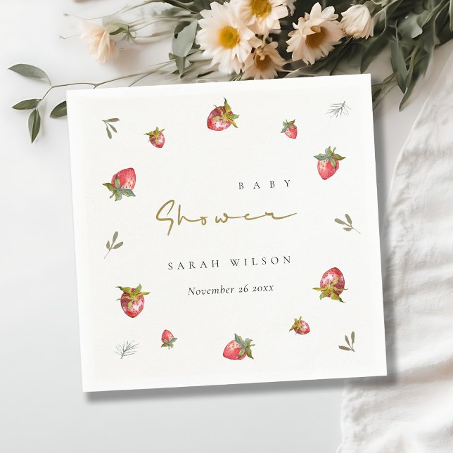 Cute Red Strawberry Leafy Botanical Baby Shower Napkins (Creator Uploaded)