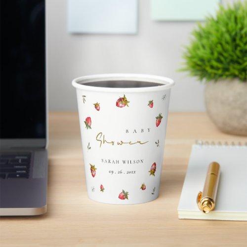 Cute Red Strawberry Leafy Botanical Baby Shower Paper Cups
