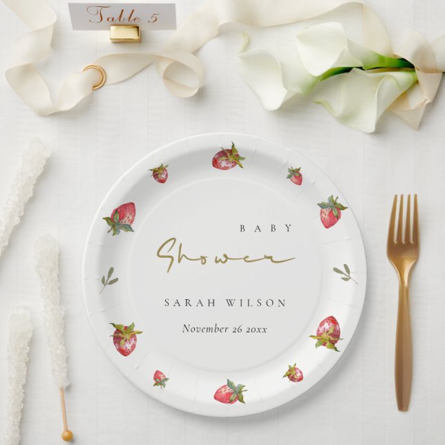 Cute Red Strawberry Leafy Botanical Baby Shower Paper Plates (Wedding)
