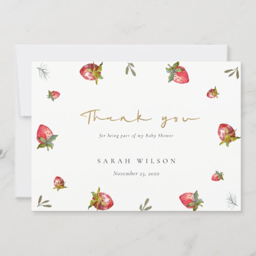 Cute Red Strawberry Leafy Botanical Baby Shower Thank You Card