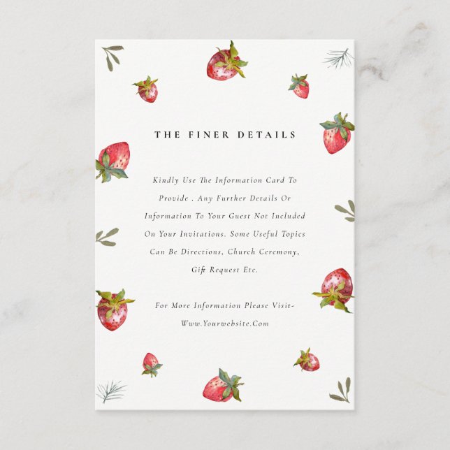 Cute Red Strawberry Leafy Botanical Wedding Detail Enclosure Card (Front)