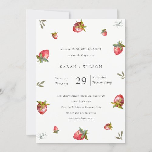 Cute Red Strawberry Leafy Botanical Wedding Invite
