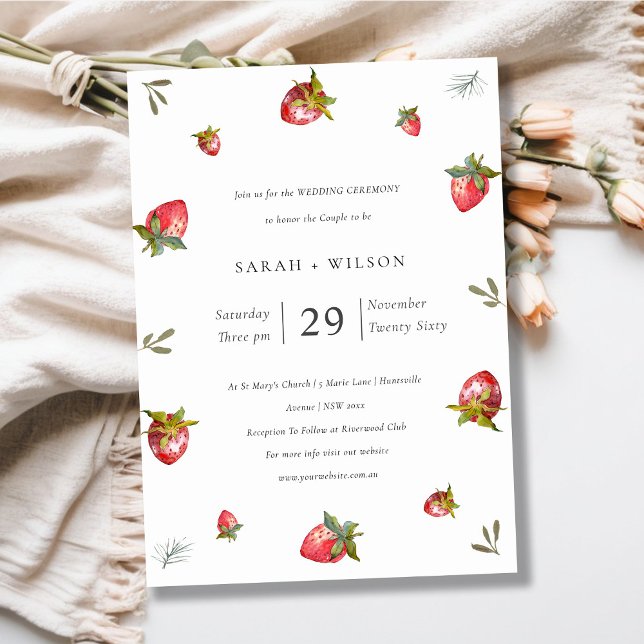 Cute Red Strawberry Leafy Botanical Wedding Invite (Creator Uploaded)
