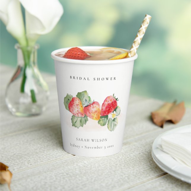 Cute Red Strawberry Leafy Foliage Bridal Shower Paper Cups (Insitu)