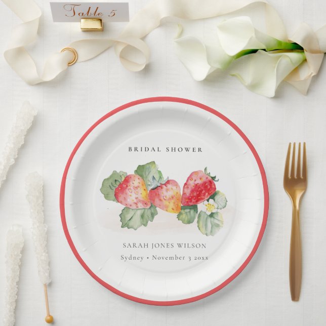 Cute Red Strawberry Leafy Foliage Bridal Shower Paper Plates (Wedding)