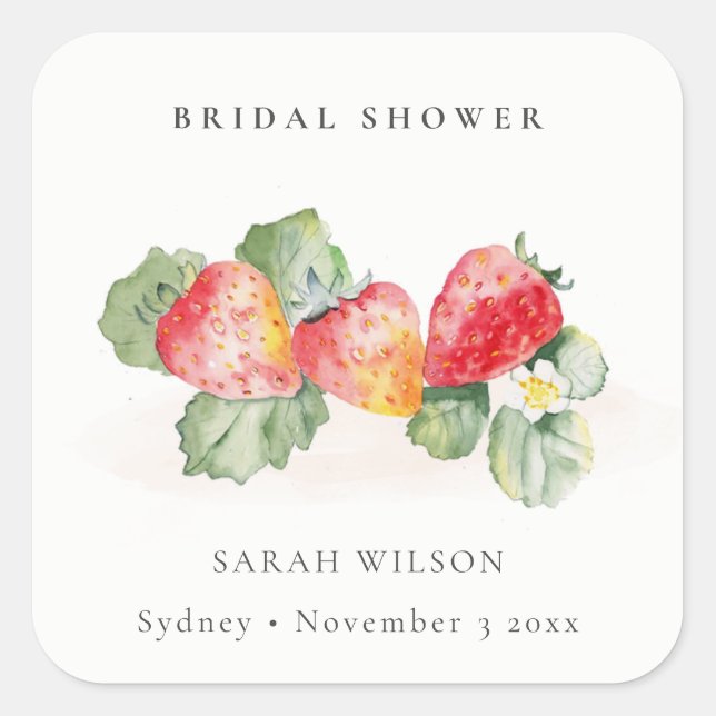 Cute Red Strawberry Leafy Foliage Bridal Shower Square Sticker (Front)