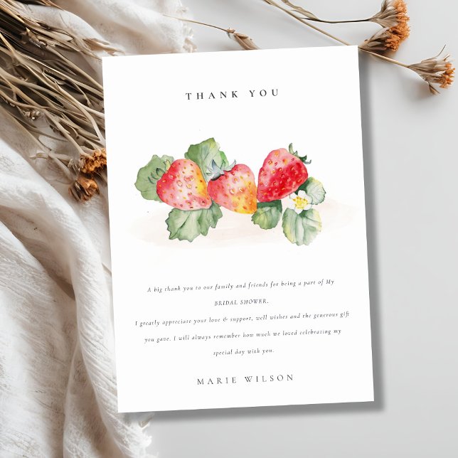 Cute Red Strawberry Leafy Foliage Bridal Shower Thank You Card (Creator Uploaded)